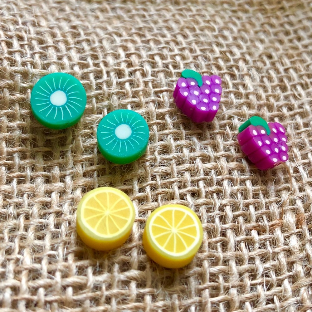 🥝🍋🍇 3 Pairs Polymer Fruit Earring Studs